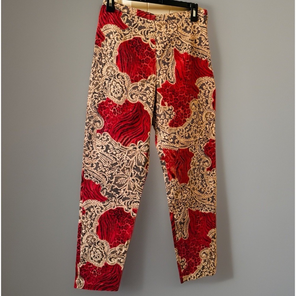 Vintage Hanalori Maximalist Pants Size 6 Made USA Red Leopard Lace Mixed Print